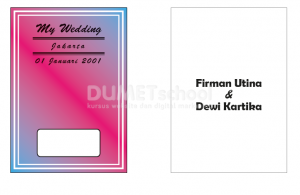 Untuk bagian kiri nama pengantin di hapus dan untuk bagian kanan selain nama pengantin dihapus semua. Lembar kerja sebelah kiri nantinya data akan dipakai untuk dicetak dan lembar kerja sebelah kanan datanya akan dipakai untuk pembuatan hot print. Di datanya tidak apa-apa teks berwarna hitam tapi ketika masuk proses hot print pastikan kita bilang warna hot printnya misal warna hot printnya gold emas.